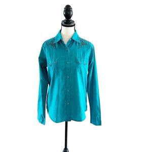Wrangler Teal Embroidered Western Shirt W/ Snap Buttons Size Medium
